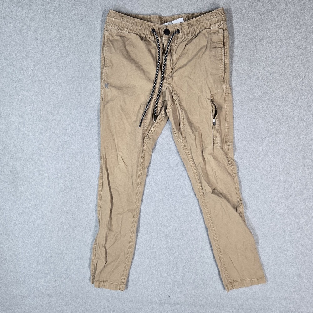 Hurley Men Activewear Pants S Khaki Jogger Zipper 28" Inseam Logo Stretch Y2K